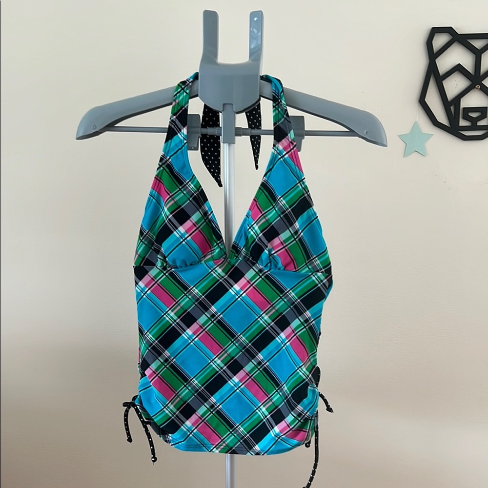 Hula Honey plaid pattern turquoise swimsuit top deep V cut